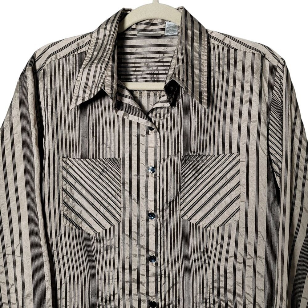 Chico's Metallic Silk Blend Striped Long Sleeve Button Up Work Shirt Size 1 M - Picture 3 of 10